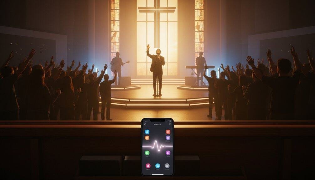 A vibrant church worship service with congregation praising God, raised hands, a worship leader, music band, stained glass windows, and sunlight creating an uplifting spiritual atmosphere.