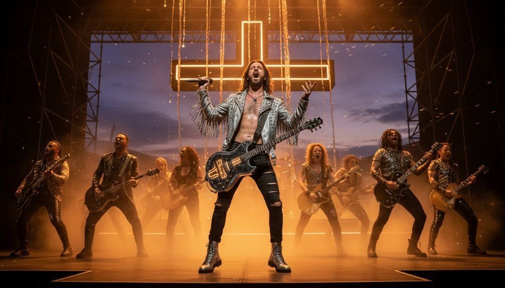 Energetic modern Bible song concert with guitarist and band on stage, vibrant lighting, and cross display, inspiring faith and worship through contemporary Christian music.