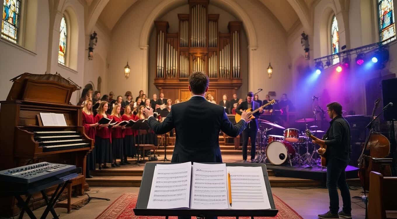 Alt text: A church choir and band perform during a worship service with a choir, musicians, and a conductor in a church sanctuary.