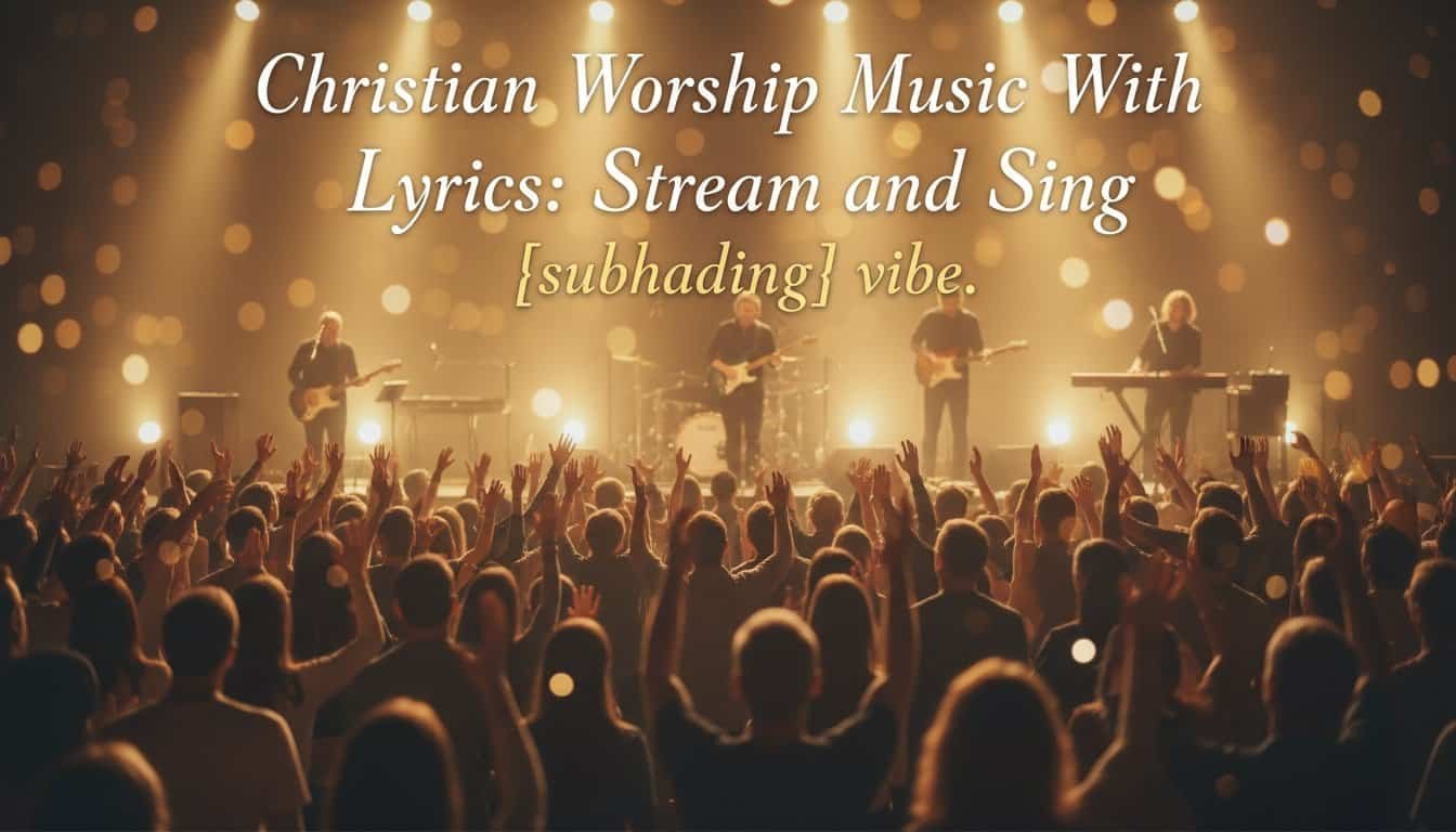 Vibrant Christian worship music event featuring a live band, audience with raised hands, and a warm, glowing ambiance, highlighting contemporary praise and praise lyrics.