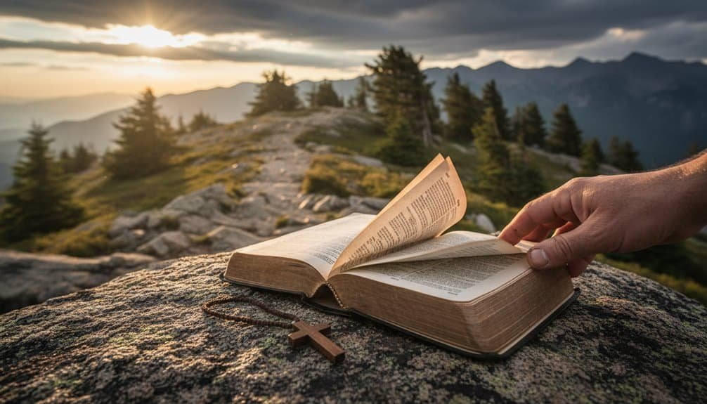 Beautiful outdoor scene with an open Bible and a cross resting on a rocky surface, overlooking mountains and pine trees at sunset. Perfect for Christian worship, prayer, and spiritual reflection.