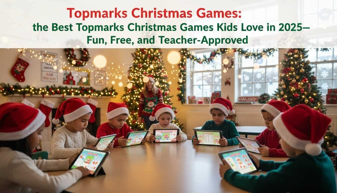 Kids wearing Santa hats playing educational Christmas games on tablets during holiday celebration in a decorated classroom with Christmas trees and lights, promoting fun and learning.