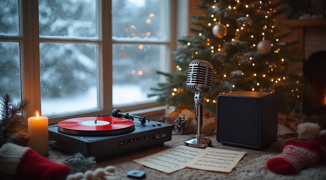 Vintage microphone, Christmas tree with lights, and music sheet near a window with snow, representing festive worship and singing with My Bible Song during holiday celebrations.