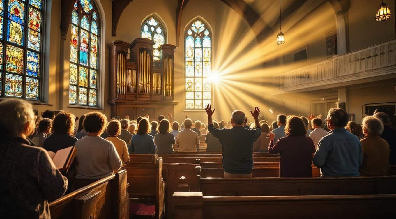 People engaged in praise and worship inside a church with stained glass windows and sunlight streaming through, creating a spiritual and uplifting atmosphere.