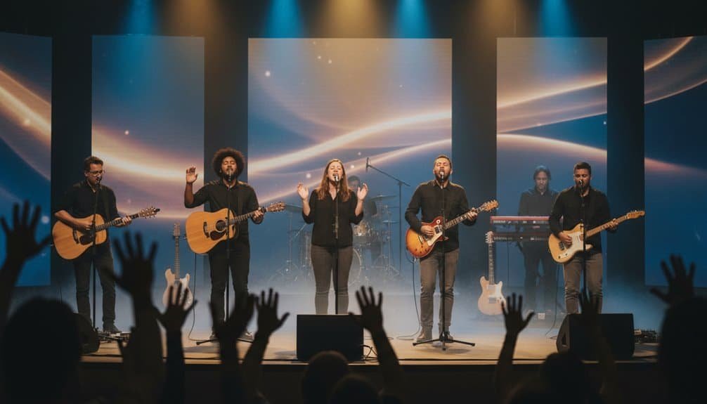 Best of 2025 Praise and Worship Songs Lyrics My Bible Song 2026 Christian worship band performing live on stage with guitars, keyboard, and vocals during a church service or concert. Audience hands raised in praise and worship.