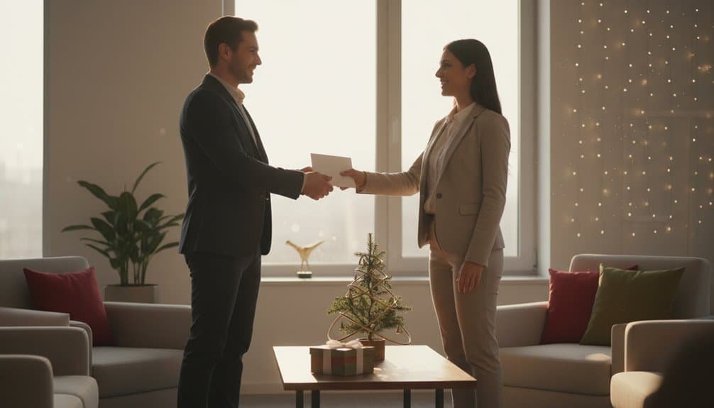 Young man giving a gift to a woman in a professional setting during Christmas, with festive decorations.