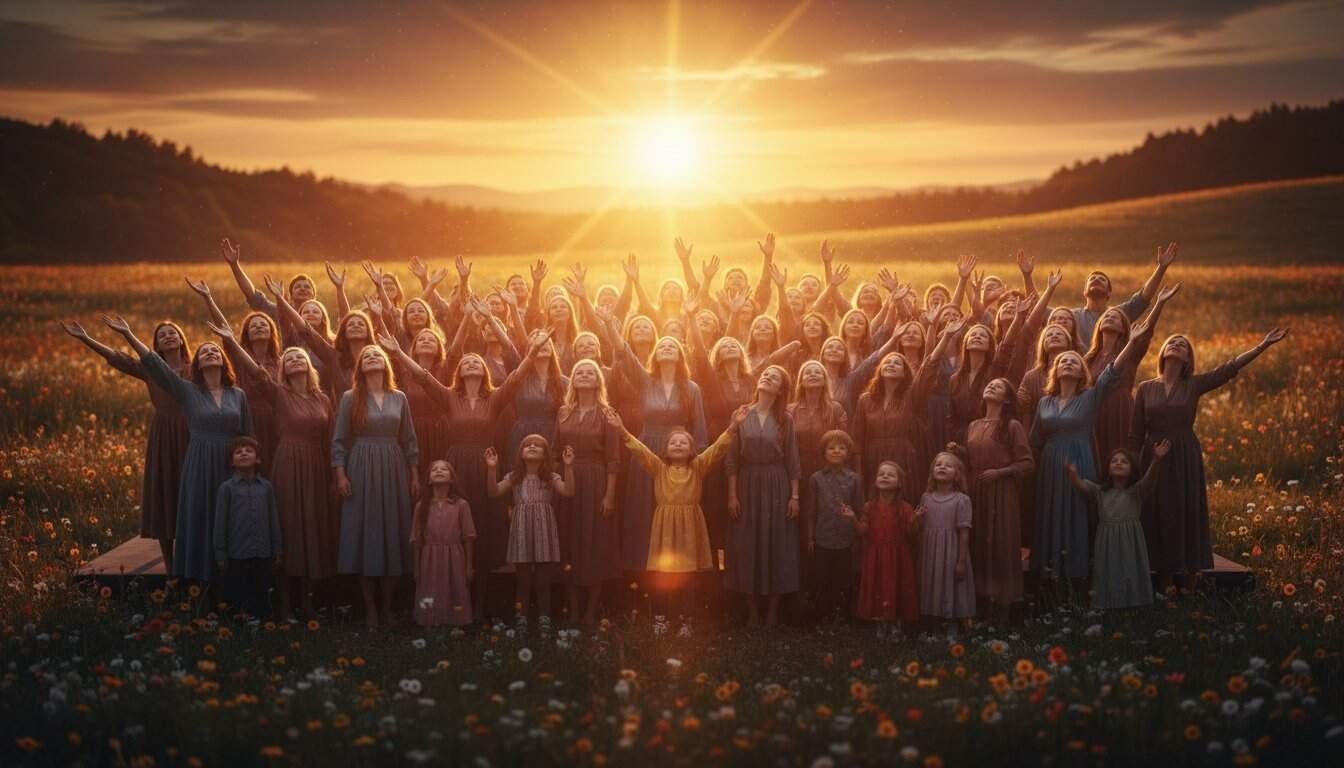 People singing praises outdoors during sunset, celebrating faith through music in a serene, natural setting.