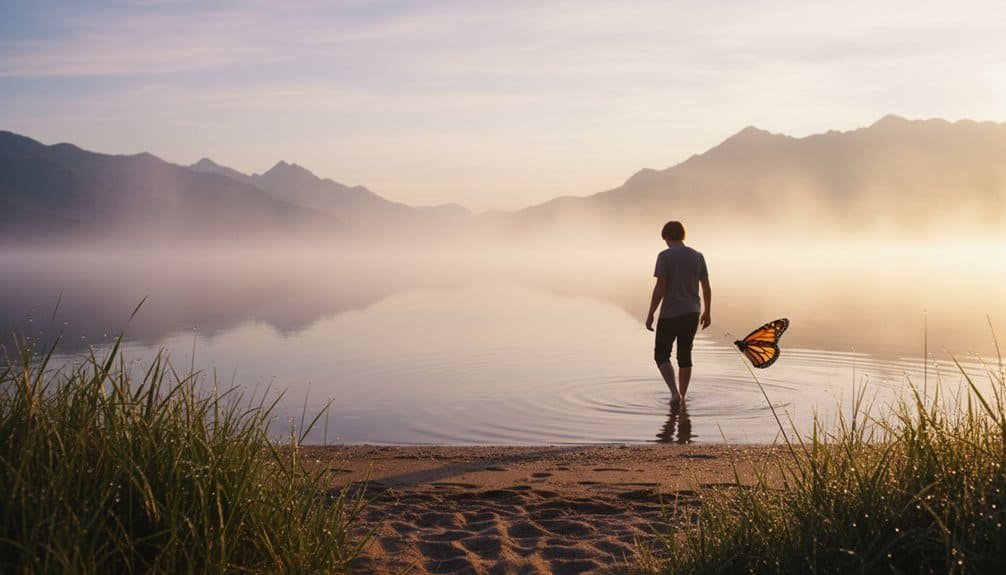 A person walking by a serene lake at sunrise, with mist rising over the water and mountains in the background, highlighting peace, faith, and spiritual reflection.