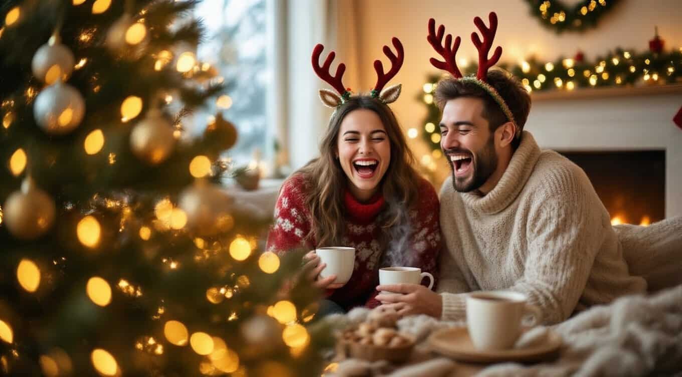 Festive holiday scene with smiling couple celebrating Christmas with mugs of hot cocoa, wearing reindeer antler headbands, and a decorated tree in a cozy home.