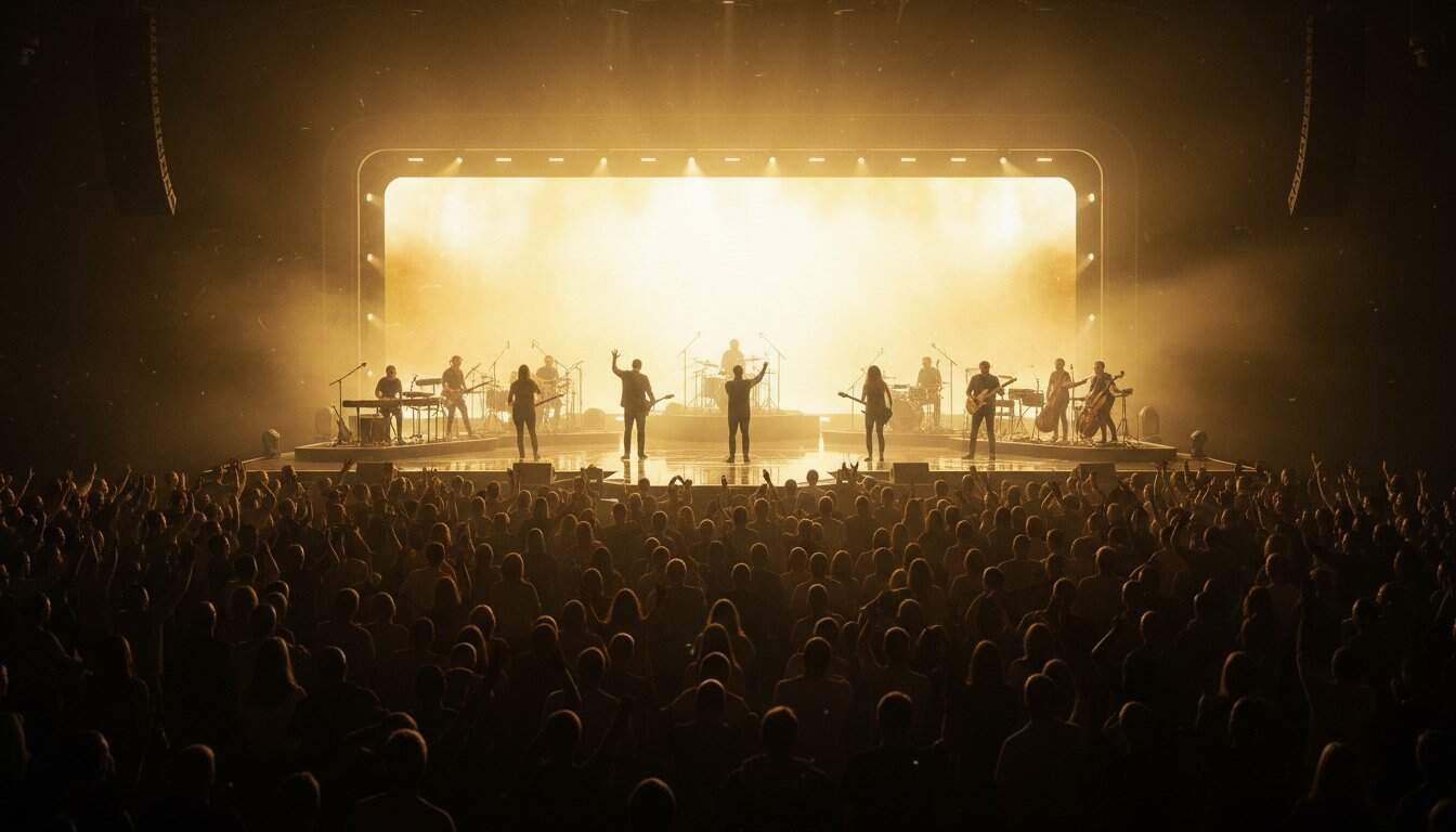 An energetic worship band performs live on stage during a church concert with vibrant lighting and a large audience praising God.