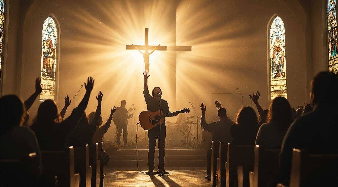 People worshipping in church with hands raised, guitarist leading praise, sunlight shining behind cross, stained glass windows, fostering community and faith.