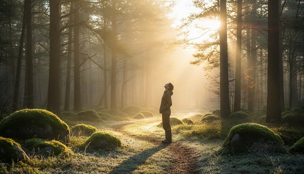 Tranquil person standing in a sunlit forest pathway during morning, dawn, or sunset, capturing serenity, spirituality, nature, and faith with vibrant sunlight and lush greenery.