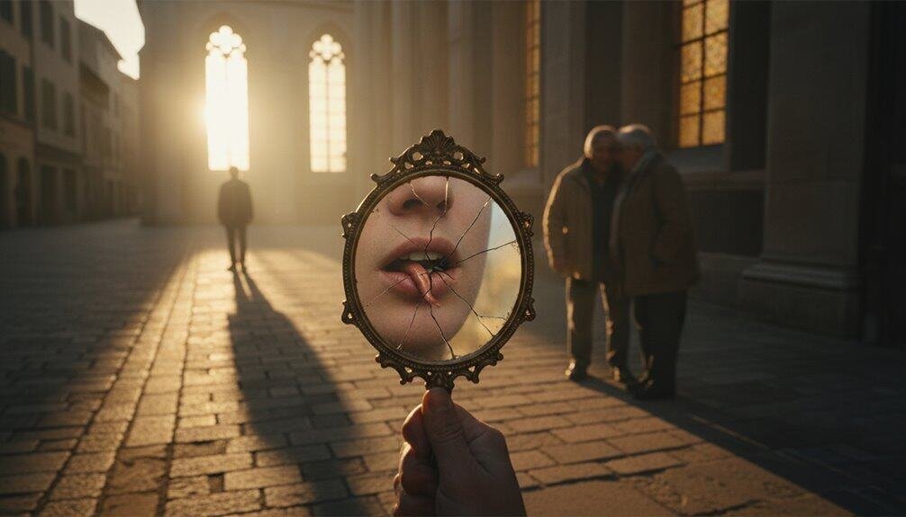 Christian 10 Commandments Meaning and Application My Bible Song 2026 Reflective broken mirror held by hand, showing a face with lips and tongue, with a church or cathedral in the background at sunset, symbolizing self-image and faith.