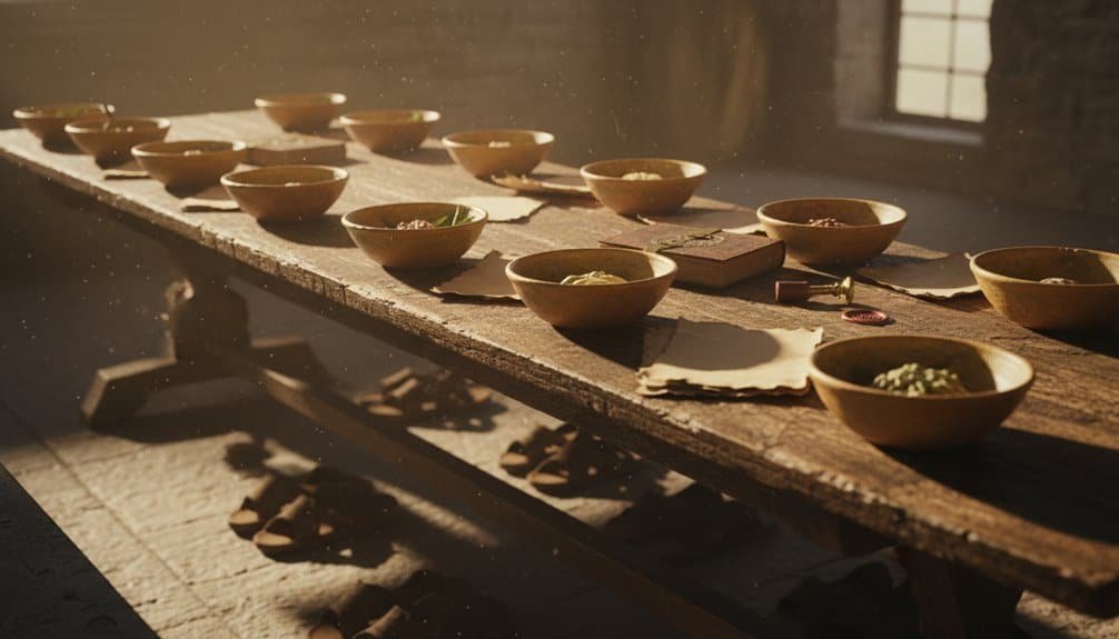 Ancient wooden table with bowls of traditional Easter bread and eggs in warm sunlight, celebrating Easter traditions and religious symbolism associated with resurrection.