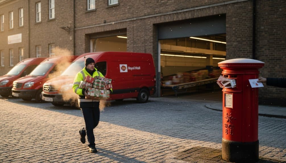 A postal worker delivers Christmas gifts outside a postal facility during winter, highlighting community service, holiday spirit, and faith-inspired charity initiatives.