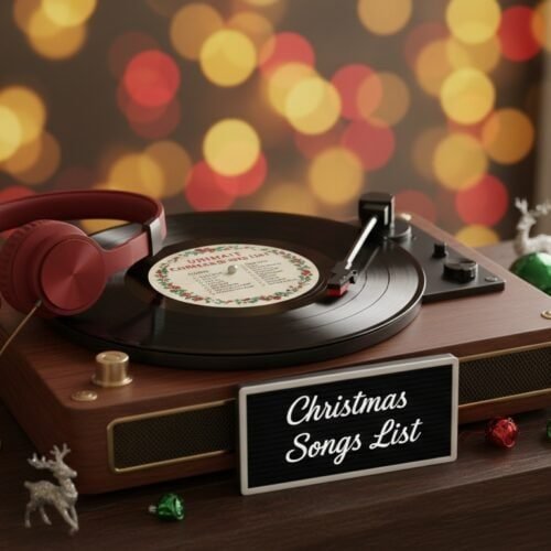 Ultimate Christmas Songs List: Classics, Pop Hits, and New Favorites My Bible Song 2026 1. Vintage turntable playing Christmas music with holiday ornaments and Christmas decorations on a wooden table, festive bokeh background perfect for Christmas playlist.