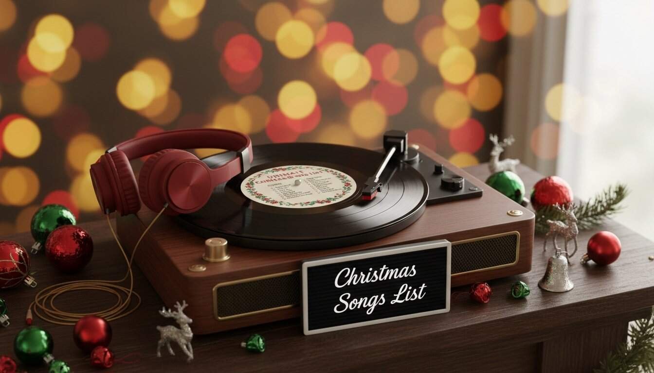 1. Vintage turntable playing Christmas music with holiday ornaments and Christmas decorations on a wooden table, festive bokeh background perfect for Christmas playlist.