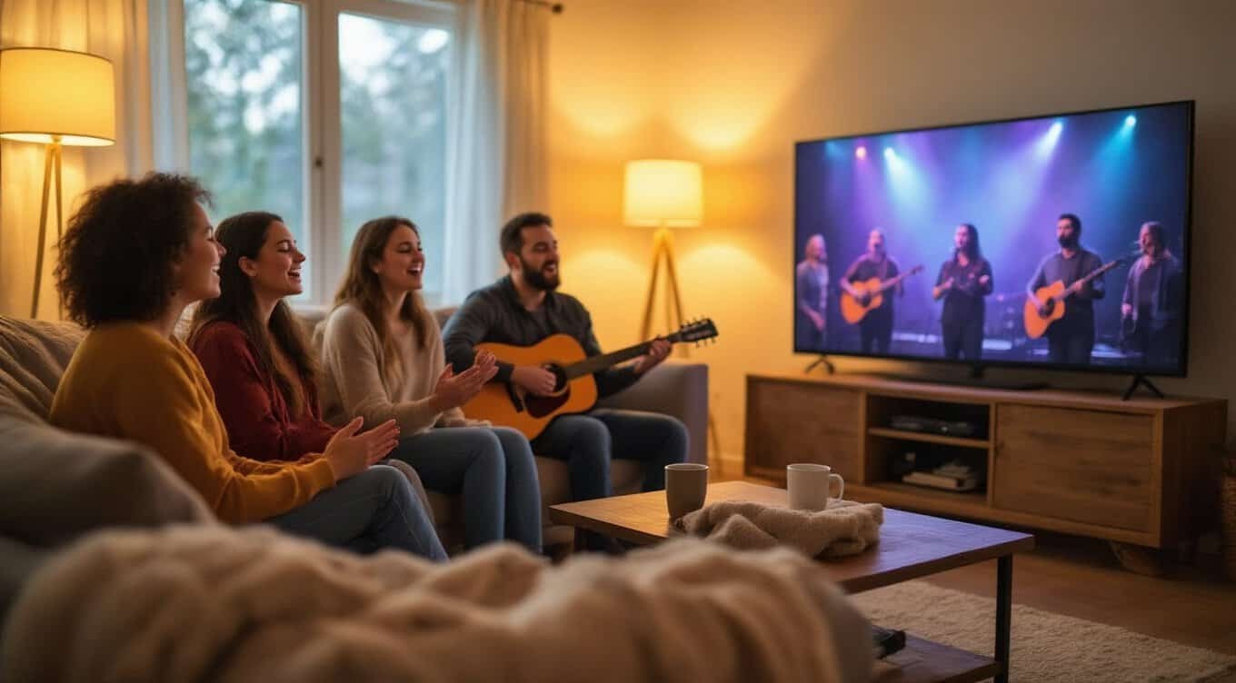 Family singing along with church music on TV, enjoying a cozy evening with friends, worship, and praise through biblical songs.