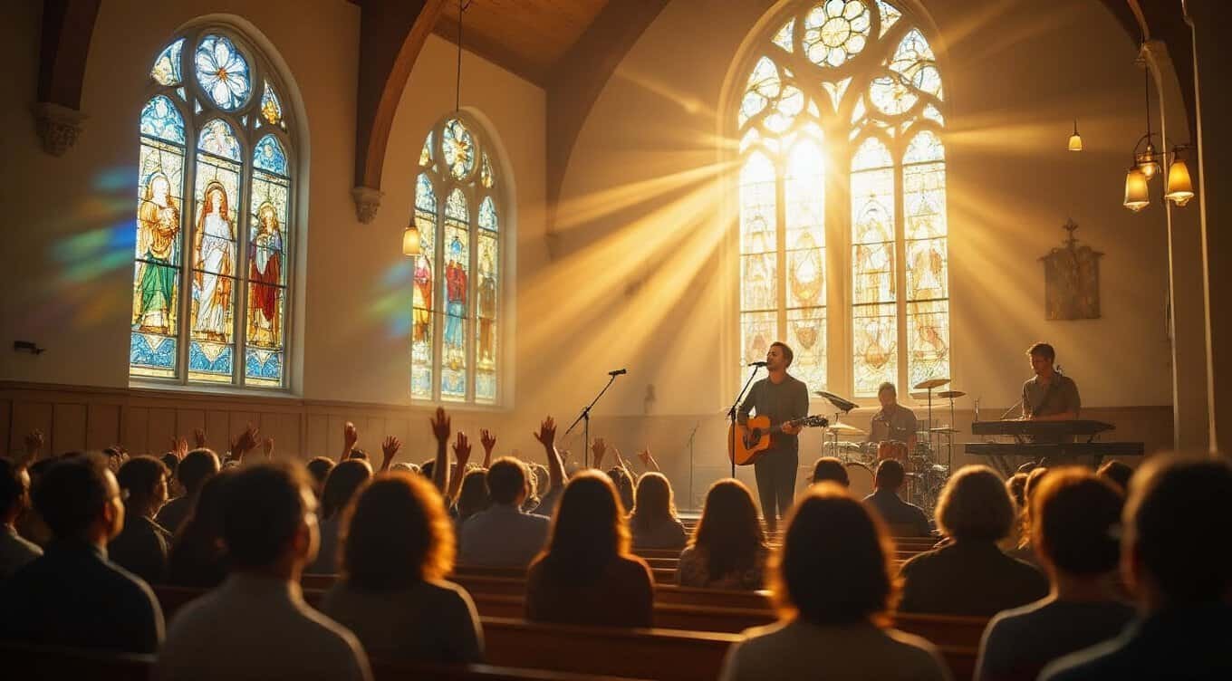 Stained glass windows and sunlight fill the church interior during a worship service with a gospel singer and band. Congregation raises hands as they sing praise to God.
