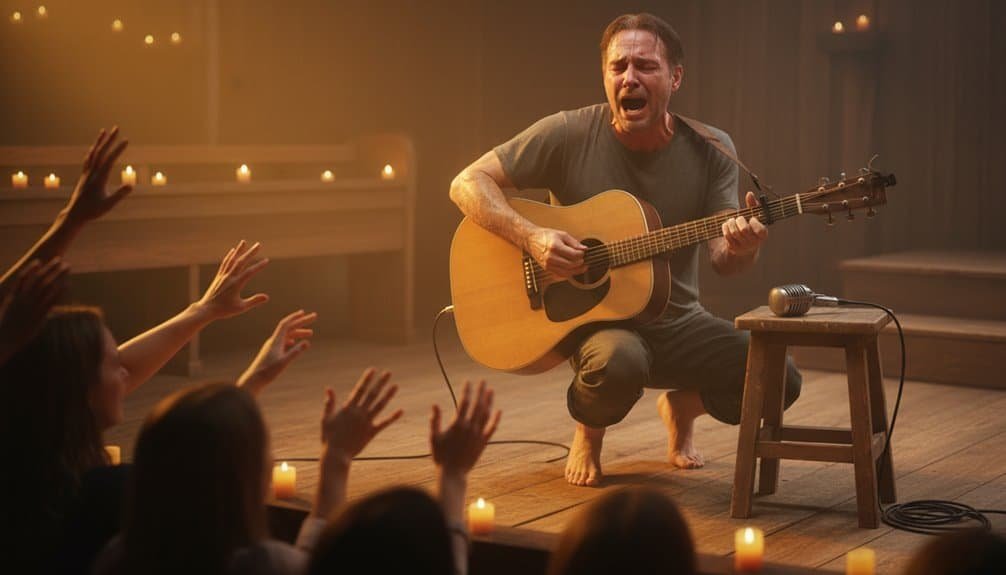 Beautiful image of a man passionately singing and playing guitar in front of an audience during a worship service, surrounded by candles creating a warm, spiritual atmosphere.