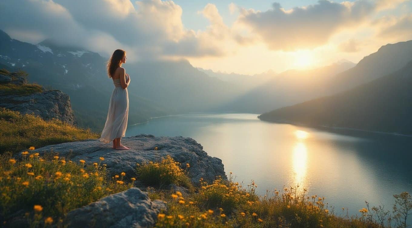 A woman standing in prayer on a rocky ledge overlooking a tranquil mountain lake at sunrise, with towering mountains and colorful wildflowers, symbolizing faith, hope, and spiritual serenity in nature.