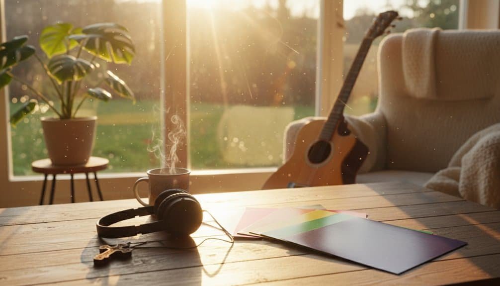 Relaxing Christian music workspace with a steaming coffee cup, headphones, colorful hymn sheets, and a guitar, bathed in warm sunlight by the window, perfect for spiritual reflection and worship.