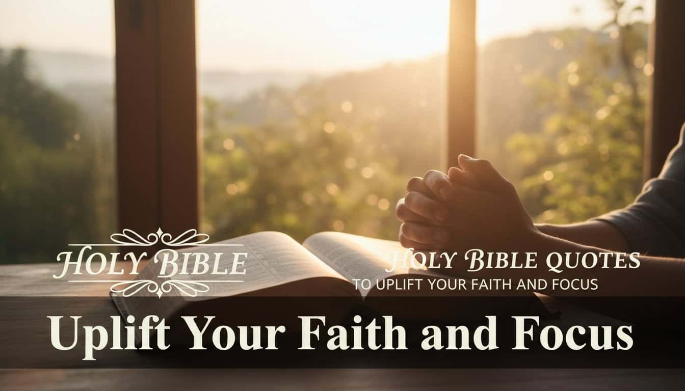 An open Bible on a table with hands praying in front of a window. Inspirational Bible quotes to uplift your faith and focus through prayer, scripture reading, and spiritual reflection. Perfect for faith-based inspiration.