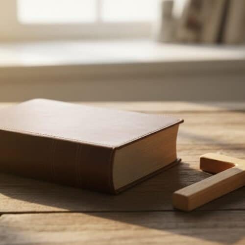 Bright sunlight illuminates a closed Bible and wooden cross on a rustic wooden table, symbolizing faith, prayer, and spiritual devotion, ideal for Christian worship and religious inspiration.