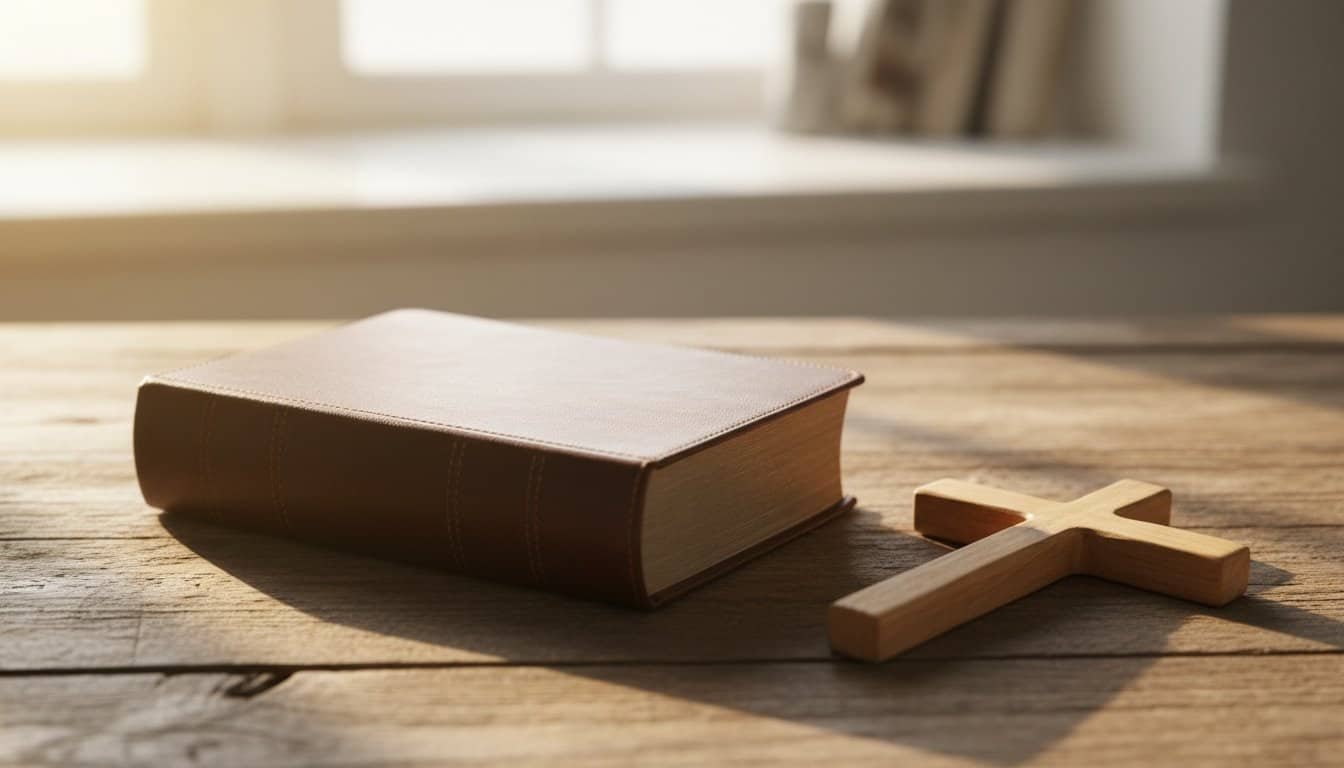 Bright sunlight illuminates a closed Bible and wooden cross on a rustic wooden table, symbolizing faith, prayer, and spiritual devotion, ideal for Christian worship and religious inspiration.