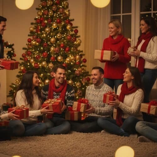 Festive holiday scene with friends sharing gifts in a cozy living room during Christmas time.