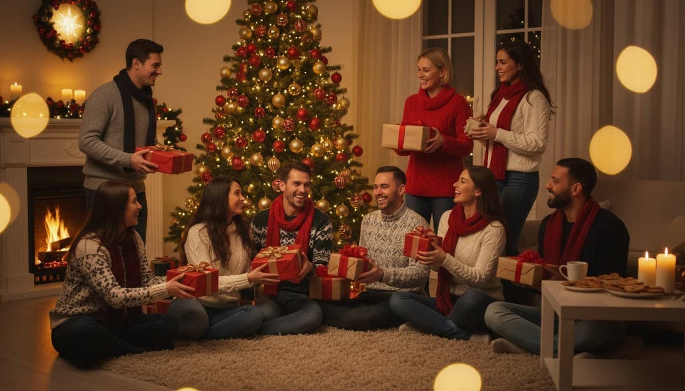 Festive holiday scene with friends sharing gifts in a cozy living room during Christmas time.