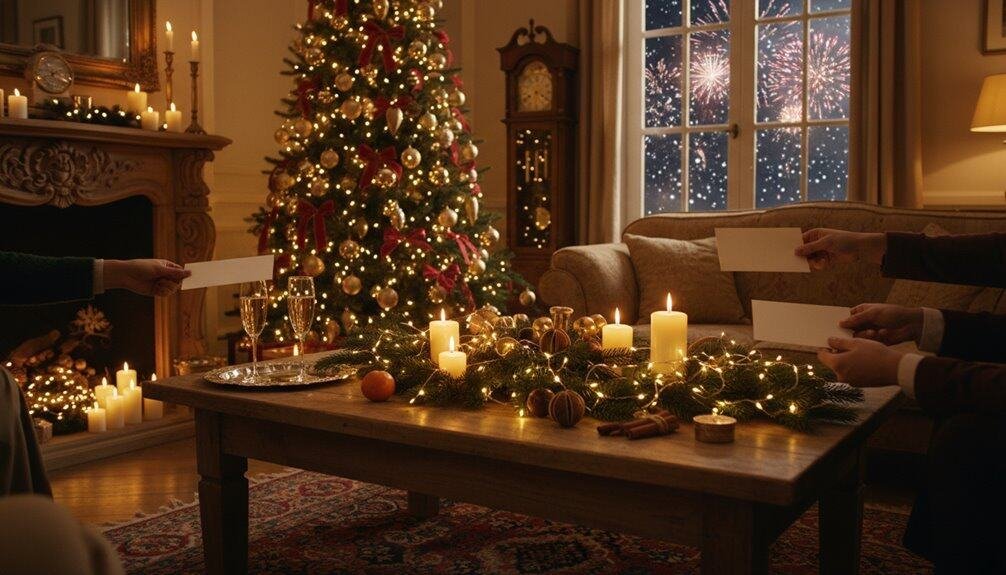 Festive holiday scene with a decorated Christmas tree, candles, and people exchanging Christmas cards in a warm, cozy living room with fireworks visible outside the window.