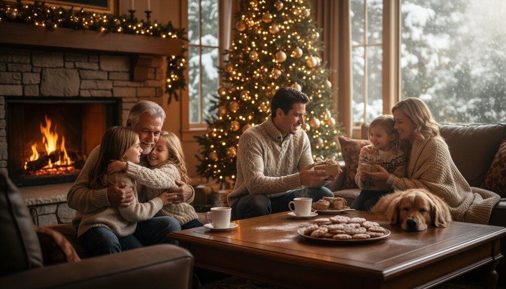 Warm Christmas scene with family, Christmas tree, fireplace, and holiday cookies for celebrating with loved ones.
