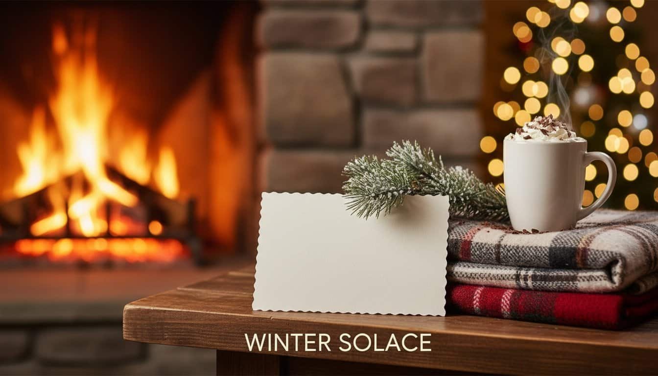 Cozy winter scene featuring a warm fireplace, a cup of hot chocolate topped with whipped cream, festive greenery, and a handwritten note, capturing the spirit of Christmas and winter solace.