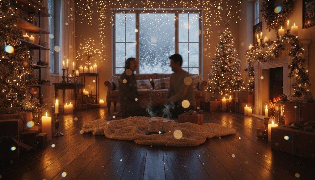 Peaceful holiday scene with a couple enjoying Christmas Bible songs by candlelight, decorated with ornaments, Christmas trees, and gifts, creating a warm spiritual ambiance for festive worship.