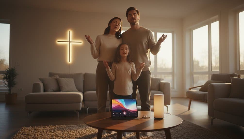 Family worship, praying together in a living room with cross light on wall, kids and parents, singing Bible songs, faith, spiritual connection, Christian home, worship, prayer, God, religious life.