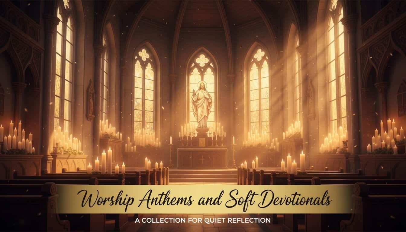 Elegant church interior illuminated by warm sunlight, filled with lit candles and a central statue of Jesus, perfect for spiritual reflection, prayer, and worship music.