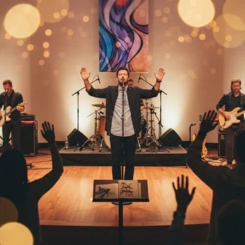 Worship Songs and Lyrics Singable Sets for Every Sunday My Bible Song 2026 A live worship band performs passionately with raised hands in a church setting, creating an uplifting atmosphere for spiritual connection through music.