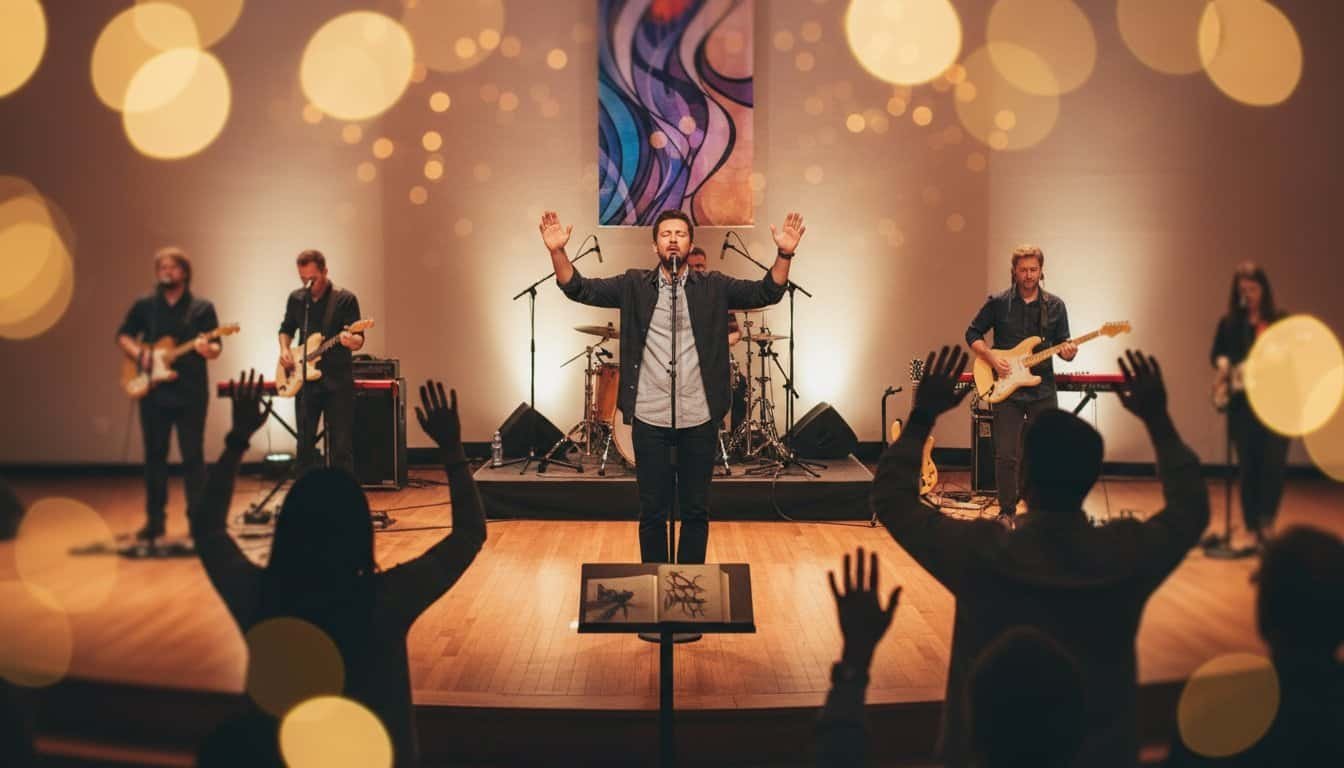 A live worship band performs passionately with raised hands in a church setting, creating an uplifting atmosphere for spiritual connection through music.