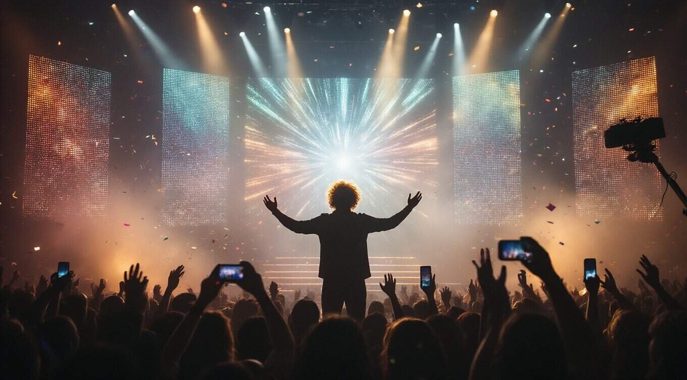 Bright stage lights illuminate a singer on stage with arms raised, leading a lively worship concert filled with energy, light displays, and audience engagement.