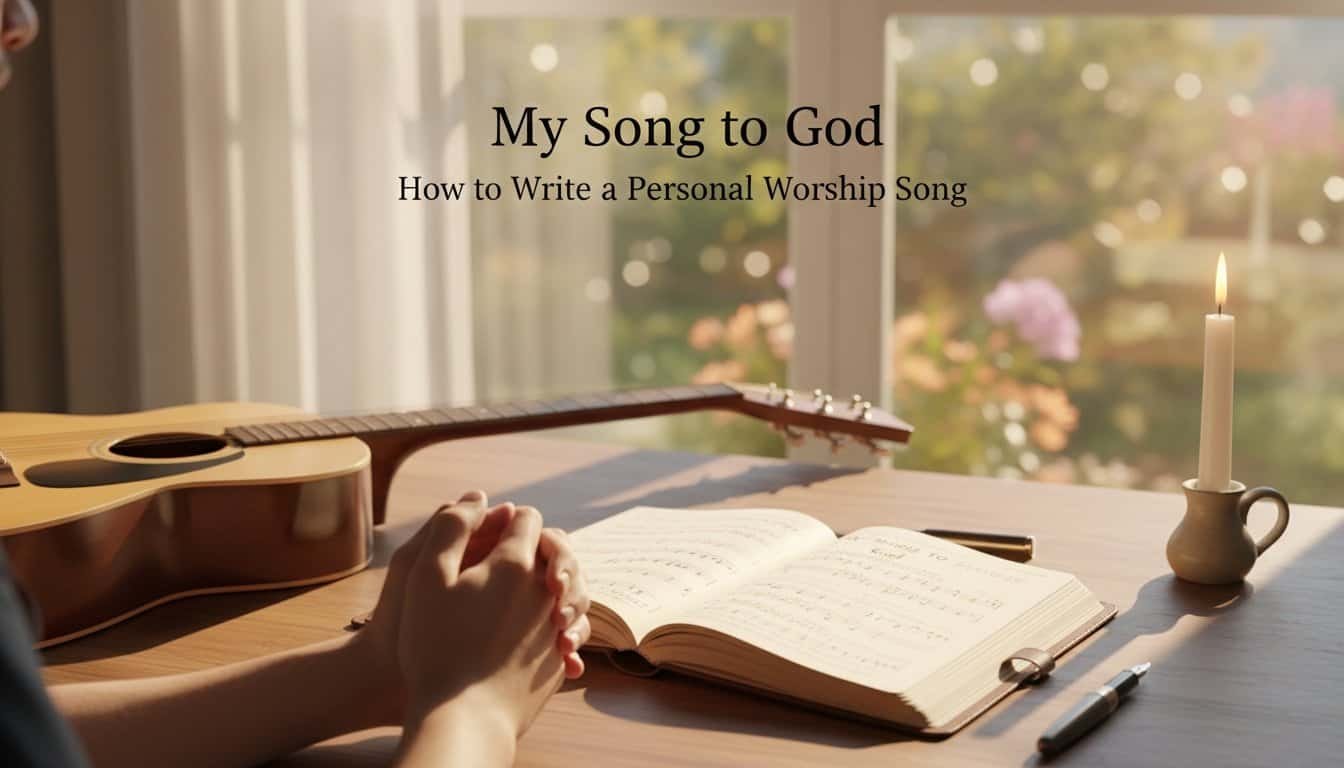 Prayer, worship, guitar, personal devotion, candle, faith, spiritual music, worship song, religious practice, church, praise, inspiration, biblical lyrics, prayerful reflection.