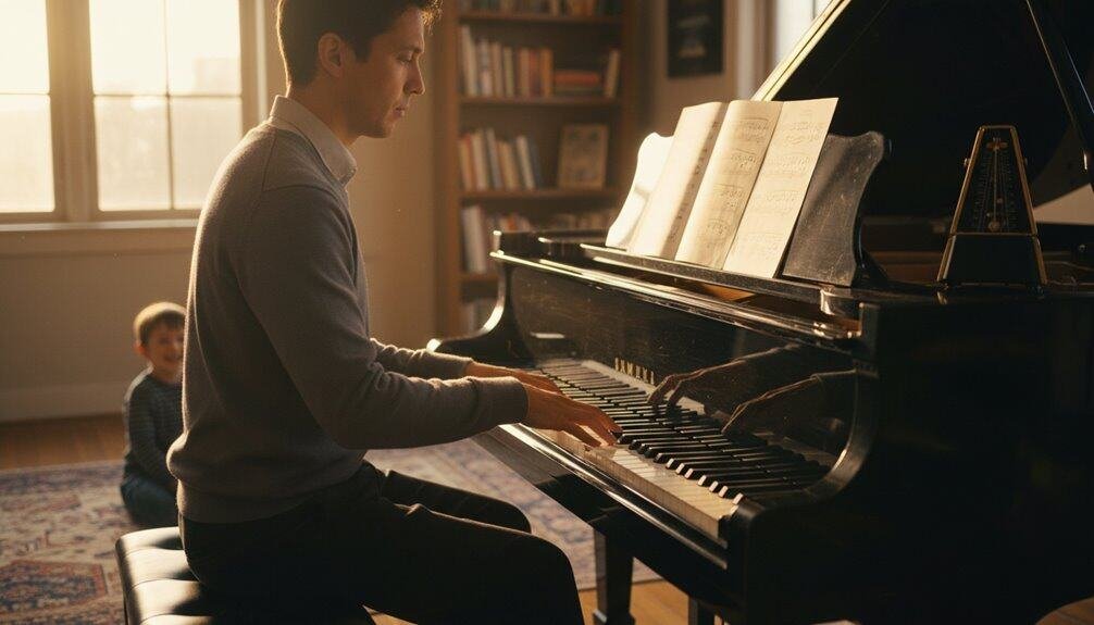 Young man playing piano with sheet music, creating joyful Christian melodies for children in a cozy home setting.