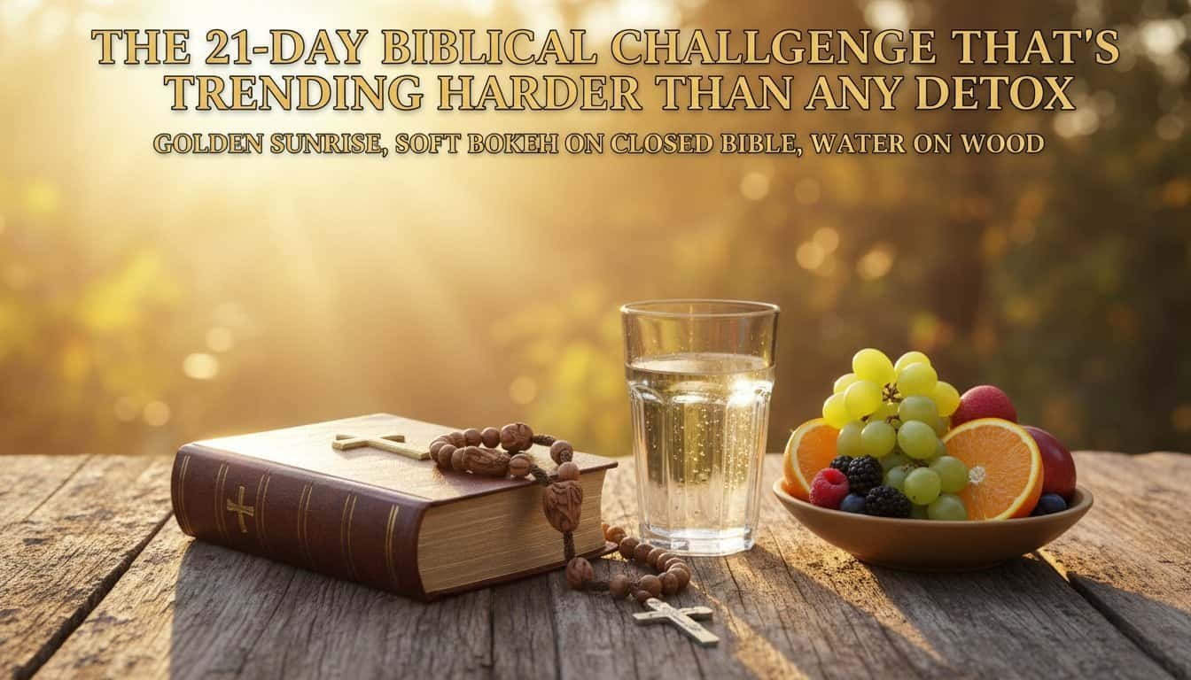 An open Bible, rosary beads, glass of water, and fresh fruits on a wooden surface during sunrise, emphasizing spiritual reflection and health. Perfect for faith-based wellness and biblical inspiration.