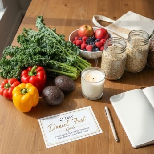 A variety of fresh vegetables, fruits, oats, and a candle on a wooden table for spiritual reflection; also includes an open notebook and pen, perfect for Bible reading or prayer sessions.