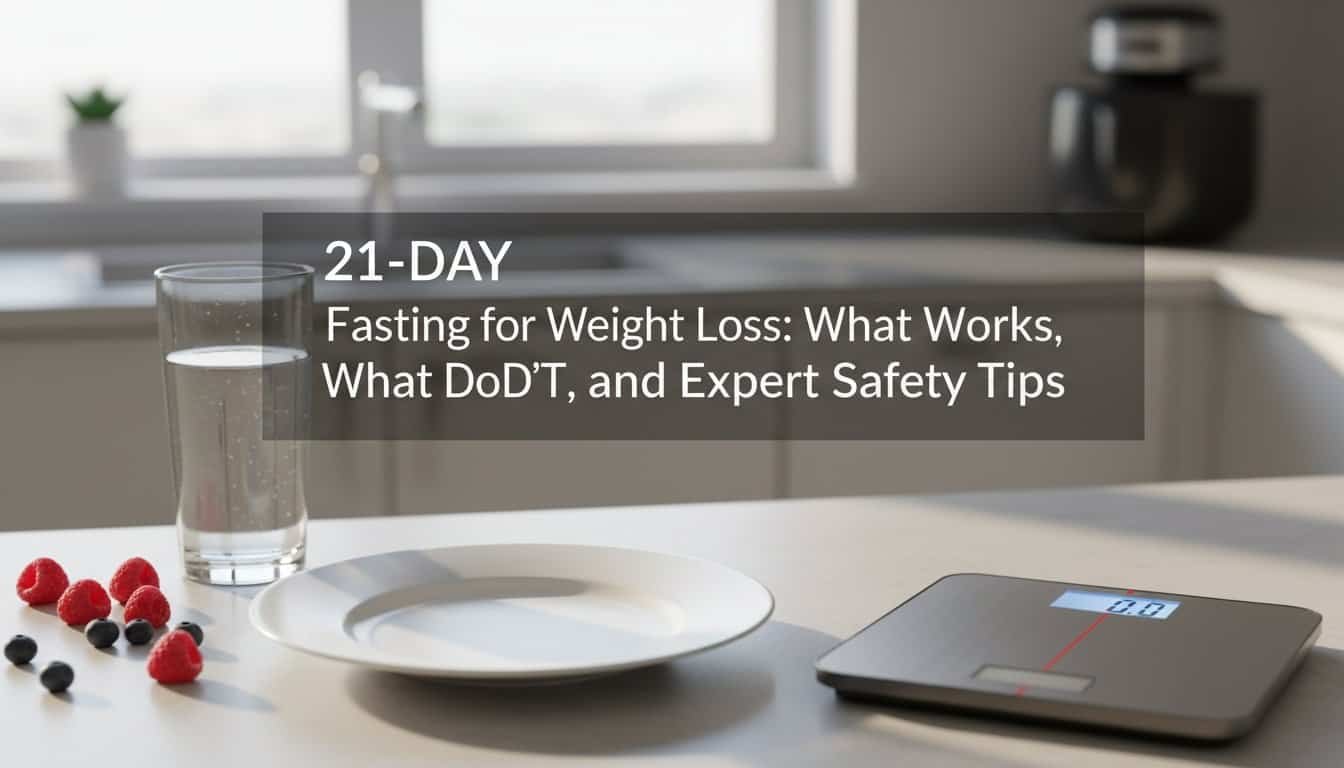 Alt Text: Image of a kitchen counter with a glass of water, a digital scale, berries, and an empty plate, illustrating a healthy fasting routine for weight loss, aligned with expert safety guidelines.