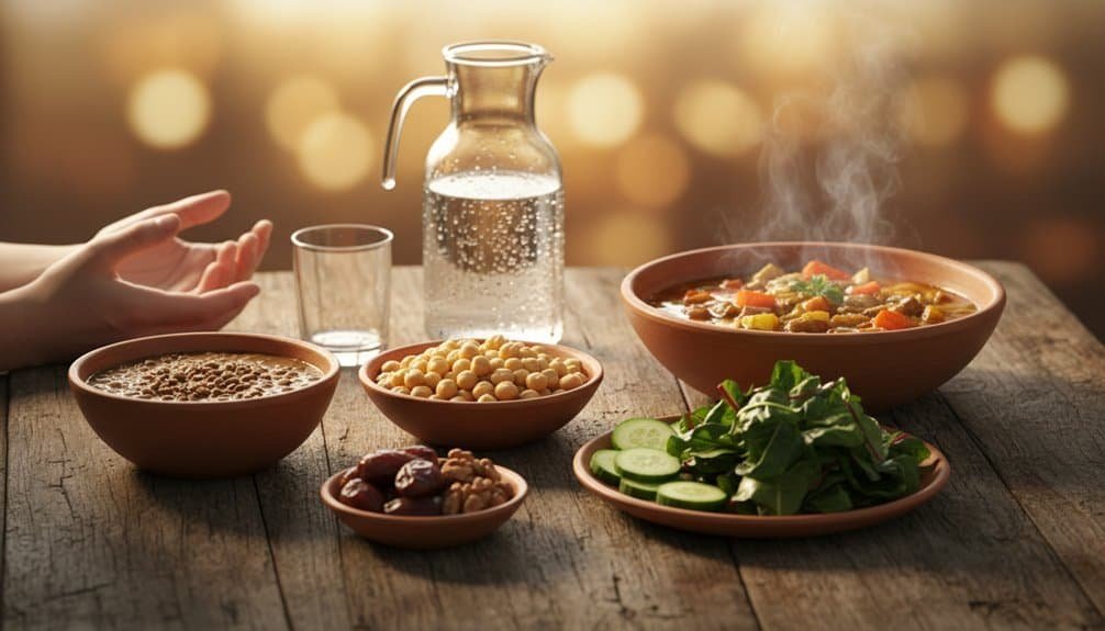 Healthy biblical meal with vegetables, chickpeas, and lentil soup on wooden table for spiritual nourishment and traditional dining.