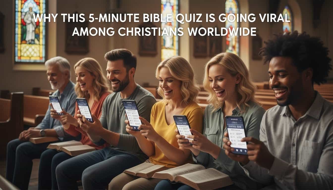 A diverse group of smiling Christians in a church pew, engaging with Bible quiz app on their smartphones, highlighting faith, community, and digital devotion in modern worship.
