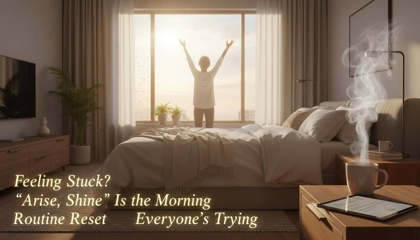 Bright morning scene with person raising hands, symbolizing praise and worship for Christian music and Bible songs.