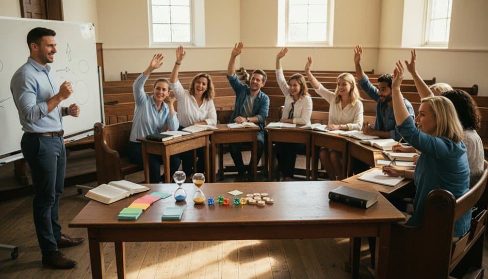 Friendly alt text of a Bible class teaching a group of adults, with many raising their hands during a lesson.