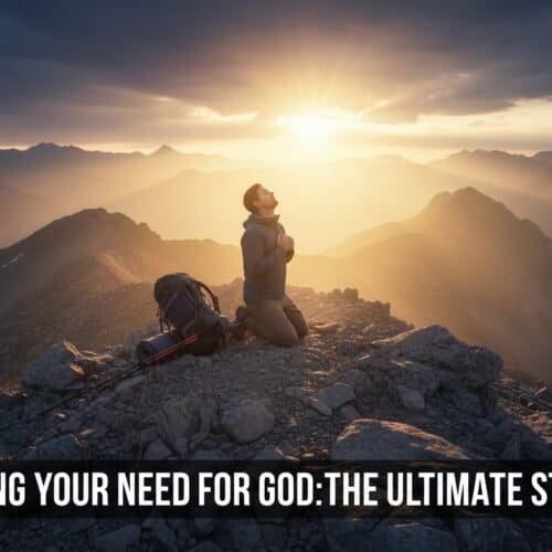 Prayerful man kneeling in mountains, seeking God's strength at dawn, symbolizing faith and reliance on divine power during challenging times.